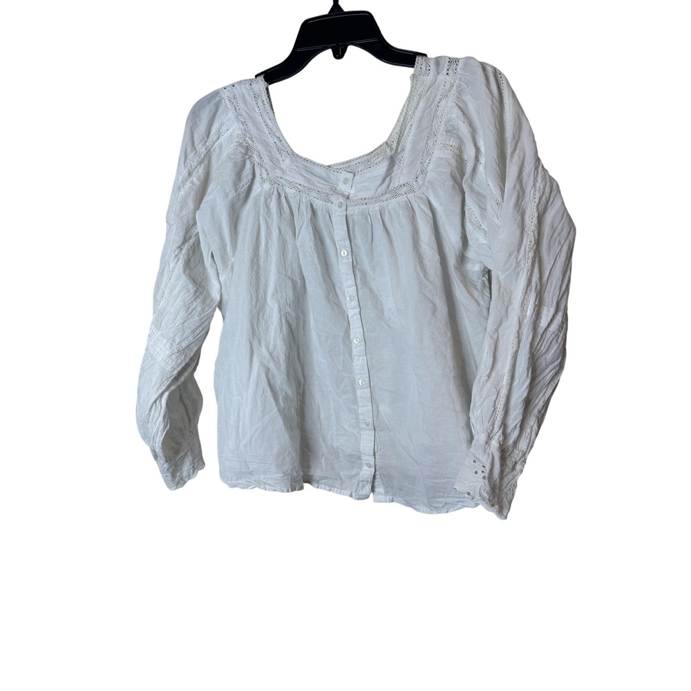 Jennifer Grace Blouse Womens M White Square Neck Crochet Boho Long Sleeve Top